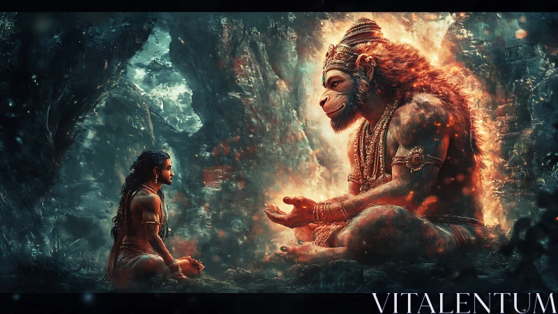 Divine monkey deity guiding warrior in glowing forest cave