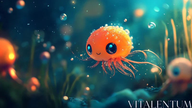 Glowing chibi jellyfish rendered with bokeh depth and soft subsurface