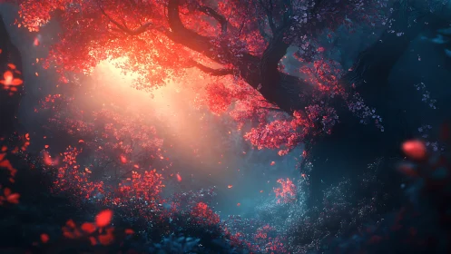 Enchanted crimson forest glows through ethereal mist.