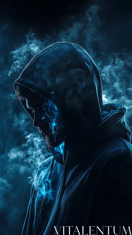 Hooded silhouette adrift in electric blue cyber smoke.