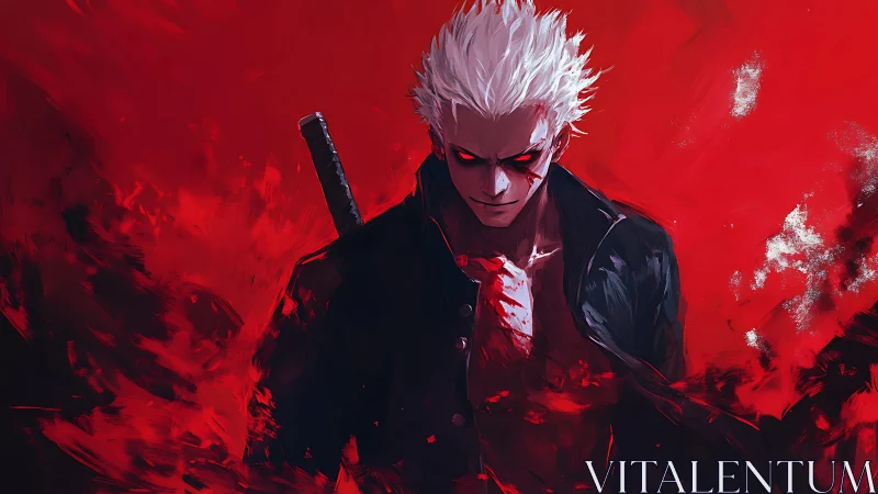 Crimson storm swordsman stepping from the shadows of fire.