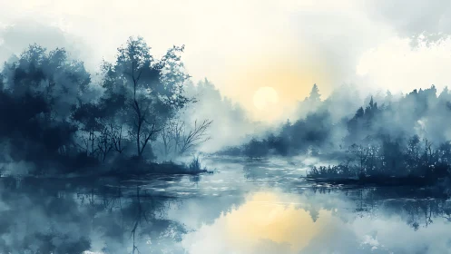 Soft sunrise over a misty lake wrapped in quiet forest calm.