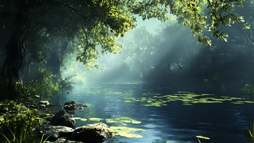 Gentle forest river drifts beneath soft sunlit branches