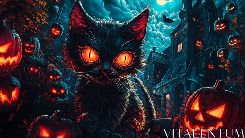 Black cat with glowing eyes among Halloween pumpkins.