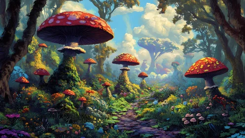 Giant scarlet mushrooms crown a luminous fairy forest path.
