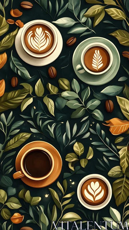 Latte leaves and forest beans swirling in midnight calm.