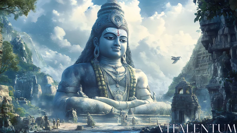 Colossal serene deity statue in misty mythic mountain city.