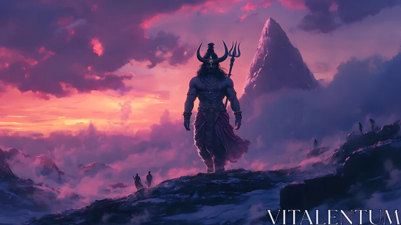Mythic warrior strides through misty mountains at sunrise.