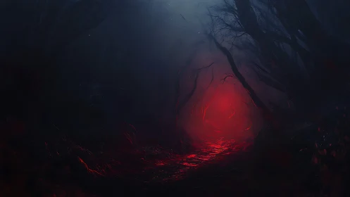 Dark twisted forest path glows with eerie red light.