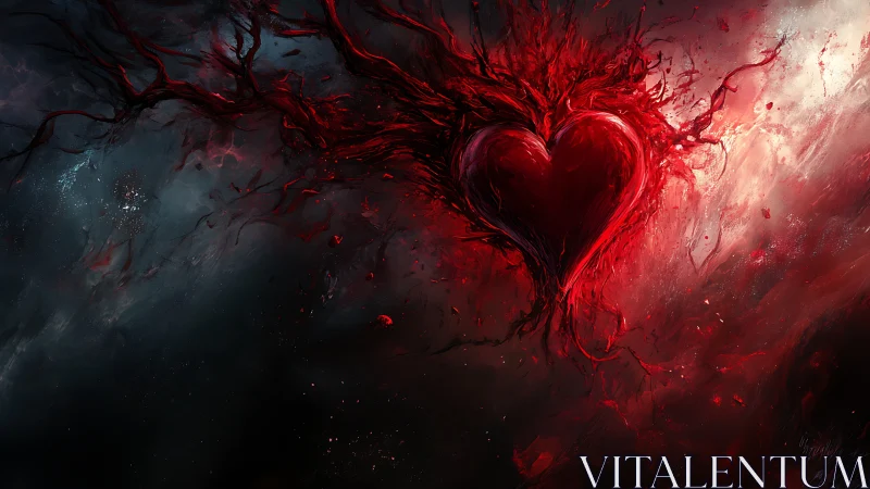 Luminous heart form radiates red energy against dark atmospheric backdrop.