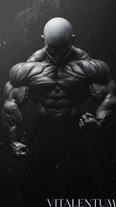 Bald hypermuscular warrior stands under harsh rim light.