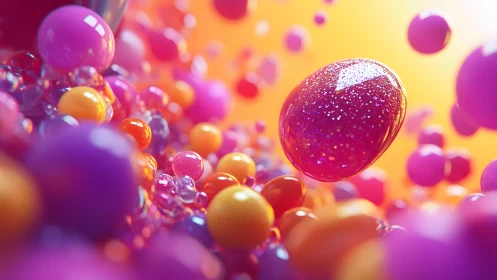 Vibrant Abstract Spheres with Glitter Effect in Warm Colors.