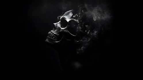 Burnished skull silhouette dissolves into drifting smoke.
