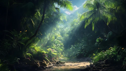 Tropical Valley Landscape with Dense Vegetation and Sunlight.