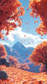 Autumn alpine valley with vibrant foliage and drifting leaves.