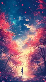 Crimson petals whirl as a lone dreamer walks into light