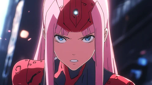 Pink‑haired pilot in armored headset, intense frontal anime closeup