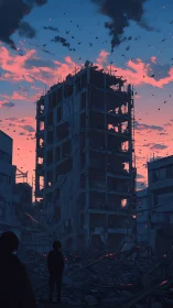 Twilight survey of collapsed high‑rise ruins in dense city