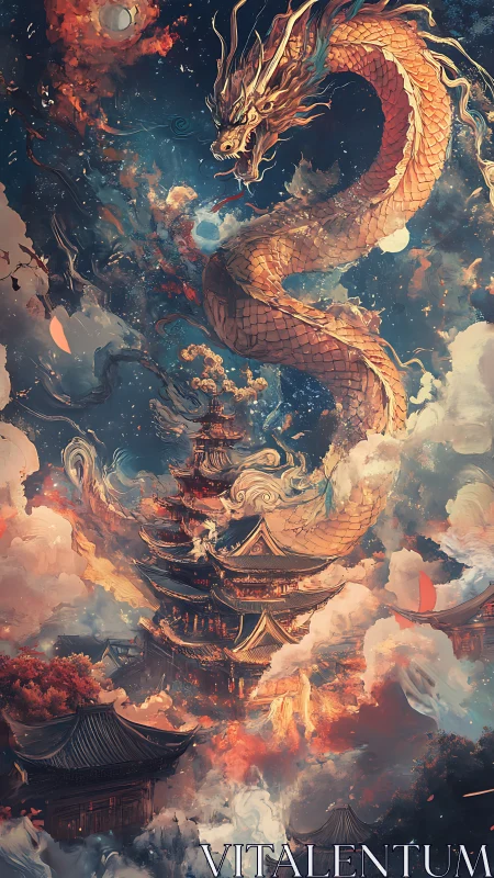 Celestial dragon coiling above luminous fantasy pagoda city.