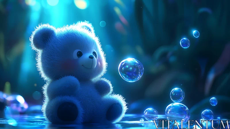 3D plush teddy bear in luminous bubble-lit dreamscape scene.