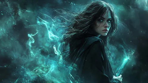 Digital painting of sorceress in teal spectral energy field.