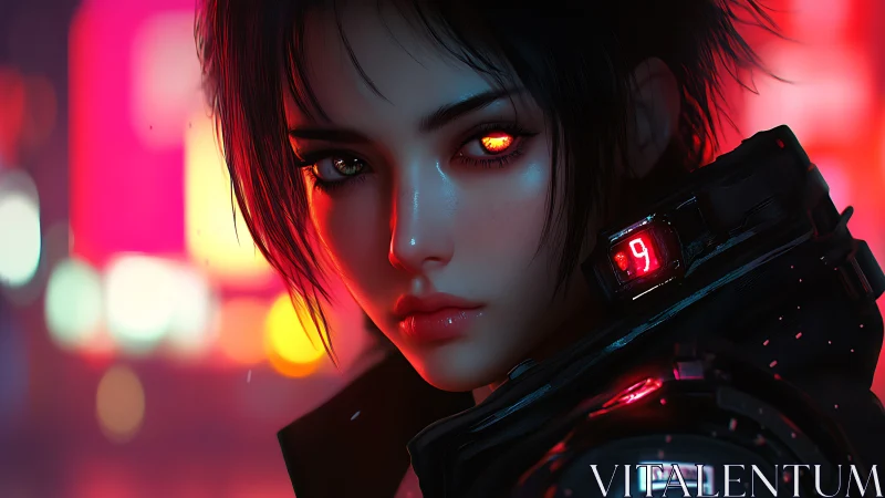 Cyberpunk portrait of augmented female operative in neon glare.