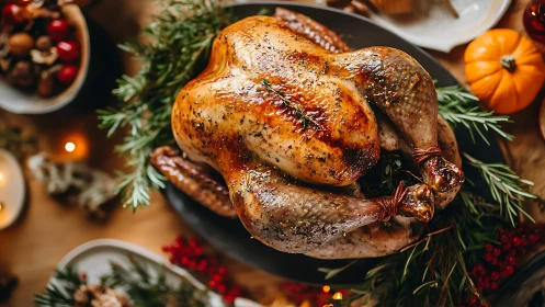Herb roasted holiday turkey on rustic festive table setting.