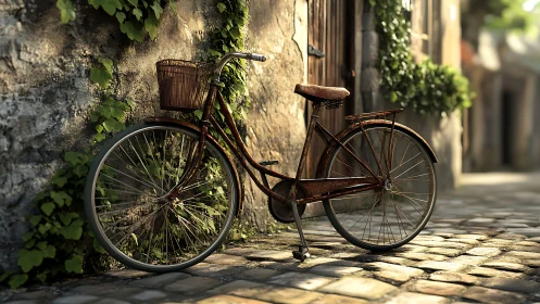 Vintage bicycle with basket against weathered stone wall