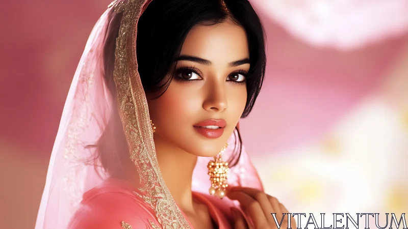 Digital bridal portrait in pink veil with soft bokeh glow.