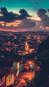 Sunset city hillside glows with warm streetlights and clouds.