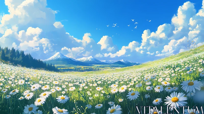 Daisy meadow slopes toward distant snowcapped mountain range