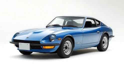 Skyline-blue vintage coupe prowls a spotless studio stage.