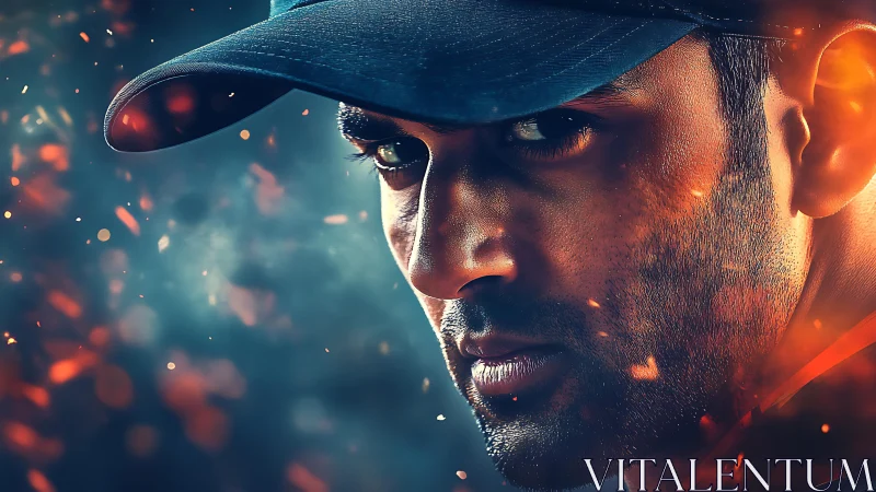 Intense athlete portrait blazes amid glowing embers and smoke