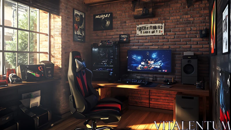 Cozy brick-walled gaming corner soaking in afternoon light.