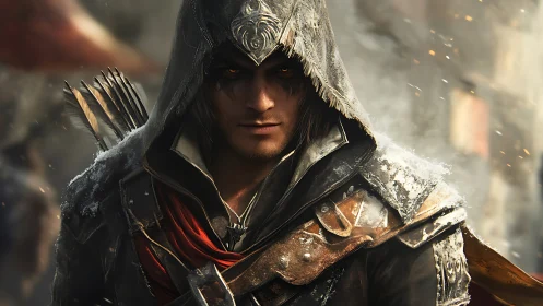 Hooded fantasy rogue archer with weathered leather armor