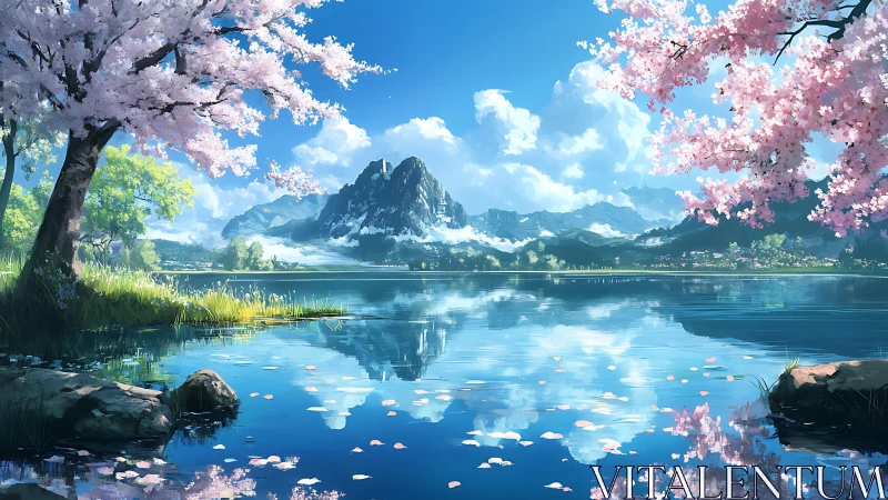 Spring mountains mirrored on a quiet blue lakeside day.