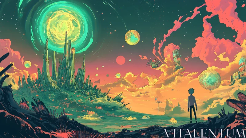 Starlit wanderer beneath swirling neon portal skies.