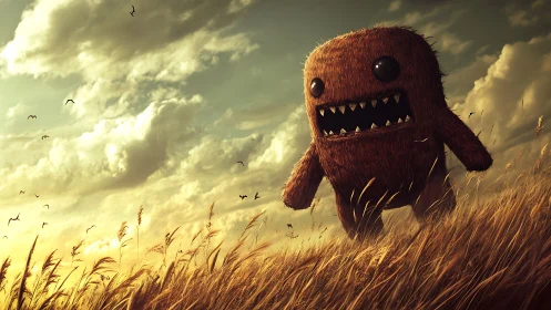 Fluffy monster strides through windswept golden field at dusk.