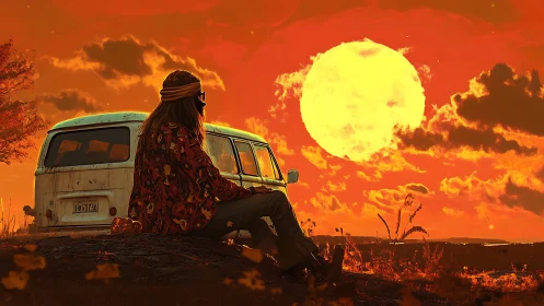 Hippie traveler resting by vintage van at oversized neon sunset