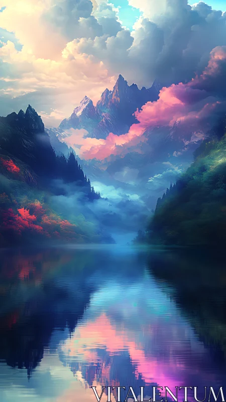 Prismatic mountain clouds mirroring in a spellbound lake.