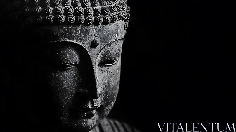 Monochrome Buddha statue portrait in dramatic shadow.
