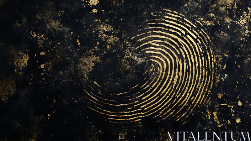 Golden fingerprint swirl on dark textured canvas backdrop.