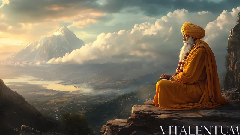 Mountain sage in saffron robes meditating above misty valley