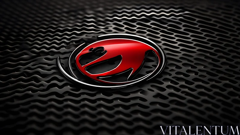 Red stylized panther logo on black textured surface, 3D digital art.