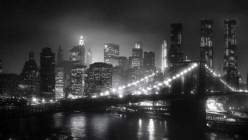 Noir city skyline and illuminated bridge rendered in photorealism