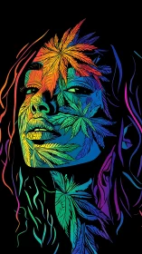Psychedelic cannabis portrait with neon rainbow leaves.