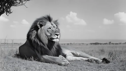 Male lion resting in open savanna grassland landscape.