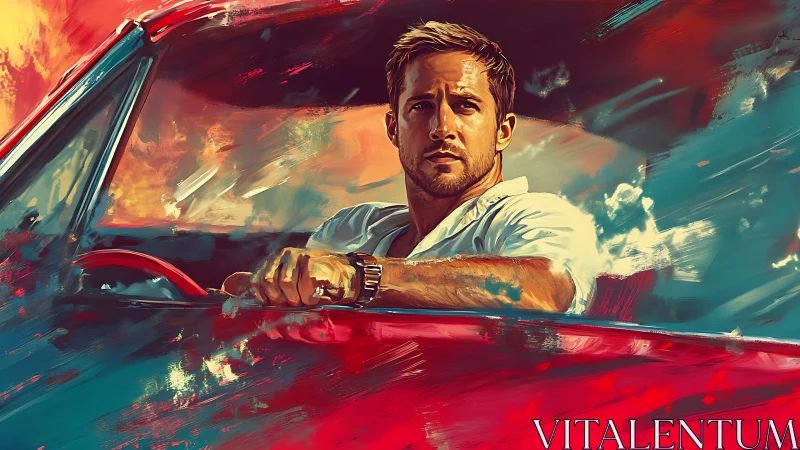 Dynamic driver portrait in red coupe, cinematic brush strokes