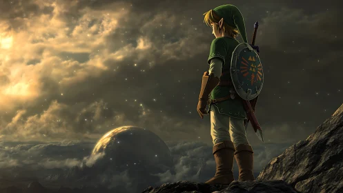 Heroic fantasy warrior overlooking distant glowing world.