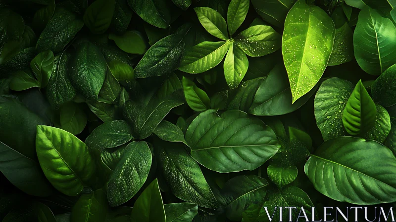 High-resolution macro canopy of dewy tropical foliage layers.